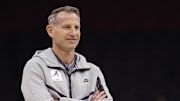 Mar 26, 2025; Newark, NJ, USA; Alabama Crimson Tide head coach Nate Oats during a practice session in preparation for an East Regional semifinal game against the Brigham Young Cougars at Prudential Center. Mandatory Credit: Vincent Carchietta-Imagn Images