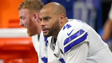 Dallas Cowboys quarterback Dak Prescott (4) on the bench against the Atlanta Falcons in the fourth quarter at Mercedes-Benz Stadium.