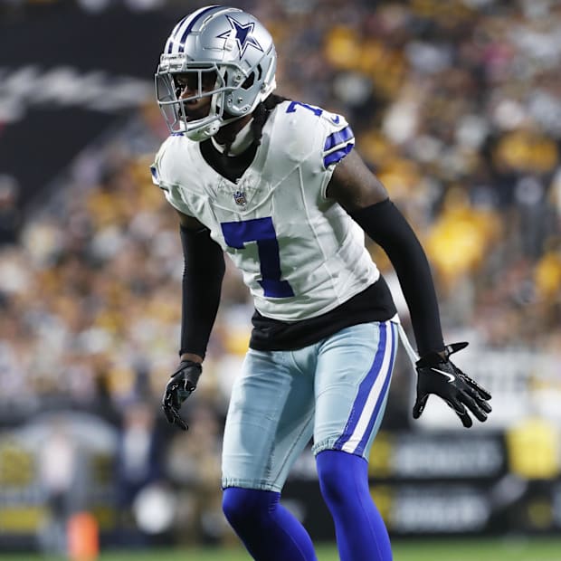 Dallas Cowboys cornerback Trevon Diggs in pass coverage against the Pittsburgh Steelers.