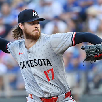 Minnesota Twins starting pitcher Bailey Ober (17) pitches in the first inning against the Kansas City Royals at Kauffman Stadium in Kansas City, Mo., on Sept. 7, 2024.