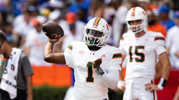 Aug 31, 2024; Gainesville, Florida, USA; Miami Hurricanes quarterback Cam Ward (1) throws the ball before a game against the Florida Gators at Ben Hill Griffin Stadium. Mandatory Credit: Matt Pendleton-USA TODAY Sports