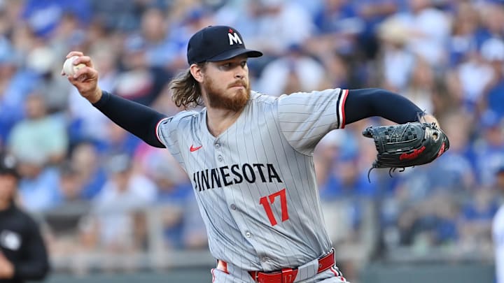 Minnesota Twins starting pitcher Bailey Ober (17) pitches in the first inning against the Kansas City Royals at Kauffman Stadium in Kansas City, Mo., on Sept. 7, 2024.