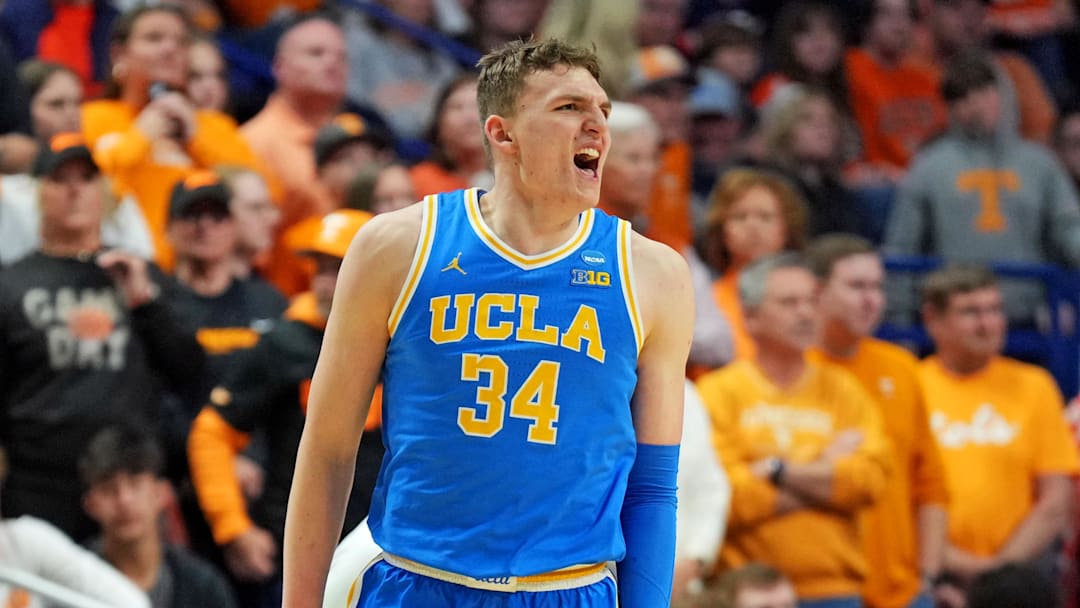 Mar 22, 2025; Lexington, KY, USA; UCLA Bruins forward Tyler Bilodeau (34) celebrates after a play during the first half against the Tennessee Volunteers in the second round of the NCAA Tournament at Rupp Arena. Mandatory Credit: Aaron Doster-Imagn Images