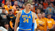 Mar 22, 2025; Lexington, KY, USA; UCLA Bruins forward Tyler Bilodeau (34) celebrates after a play during the first half against the Tennessee Volunteers in the second round of the NCAA Tournament at Rupp Arena. Mandatory Credit: Aaron Doster-Imagn Images