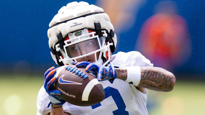 Florida Gators wide receiver Eugene Wilson III (3) hauls in a pass during Fall practice at Sanders Practice Fields in Gainesville, FL on Thursday, August 1, 2024. [Doug Engle/Gainesville Sun]