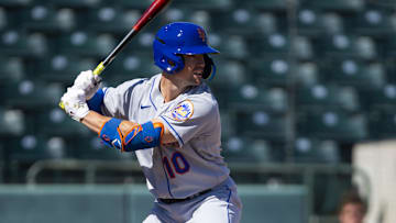 Oct 22, 2022; Phoenix, Arizona, USA; New York Mets infielder Luke Ritter plays for the Peoria Javelinas during an Arizona Fall League baseball game at Phoenix Municipal Stadium. Mandatory Credit: Mark J. Rebilas-Imagn Images