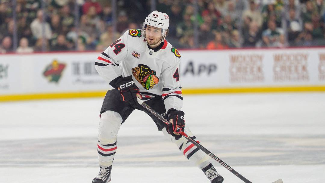 Mar 19, 2026; Saint Paul, Minnesota, USA; Chicago Blackhawks defenseman Wyatt Kaiser (44) shoots from the blue line against the Minnesota Wild in the first period at Grand Casino Arena. Mandatory Credit: Matt Blewett-Imagn Images