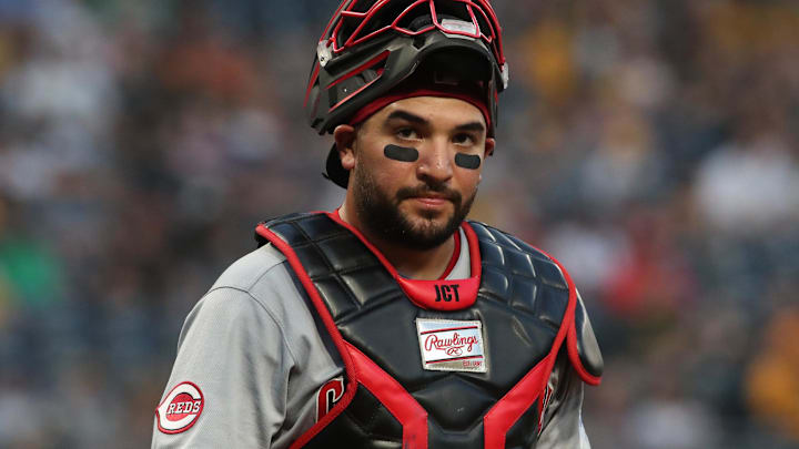 Cincinnati Reds catcher Jose Trevino (35) looks to the Reds
