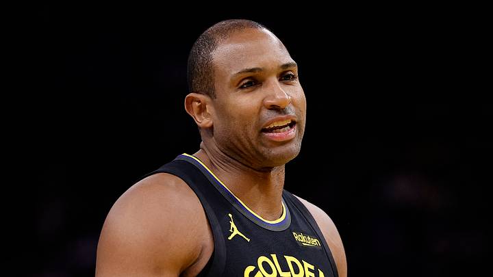 Jan 19, 2026; San Francisco, California, USA; Golden State Warriors center Al Horford (20) speaks to the referee after a play against the Miami Heat during the third quarter at Chase Center. Mandatory Credit: Kelley L Cox-Imagn Images