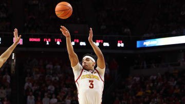 Feb 28, 2024; Ames, Iowa, USA; Iowa State Cyclones guard Tamin Lipsey (3) shoots a shot against Oklahoma State. 