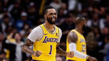 Apr 29, 2024; Denver, Colorado, USA; Los Angeles Lakers guard D'Angelo Russell (1) reacts after a play in the third quarter against the Denver Nuggets during game five of the first round for the 2024 NBA playoffs at Ball Arena. Mandatory Credit: Isaiah J. Downing-USA TODAY Sports