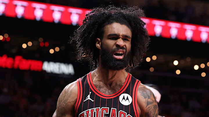 Chicago Bulls guard Coby White reacts to a play during a game against the Atlanta Hawks.