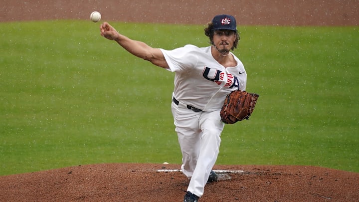 Jun 1, 2021; West Palm Beach, Florida, USA; USA starting pitcher Joe Ryan (40) delivers a pitch in the 1st inning against Dominica in the WBSC Baseball Americas Qualifier series at The Ballpark of the Palm Beaches. Mandatory Credit: Jasen Vinlove-Imagn Images
