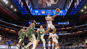 Jan 22, 2024; Detroit, Michigan, USA; Detroit Pistons guard Marcus Sasser (25) drives to the basket