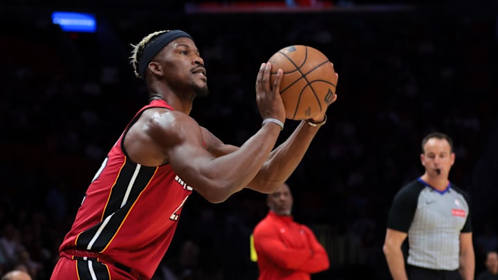 Miami Heat forward Jimmy Butler (22) shoots the basketball against the Portland Trail Blazers during the first quarter at Kaseya Center. 