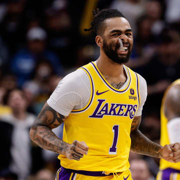 Apr 29, 2024; Denver, Colorado, USA; Los Angeles Lakers guard D'Angelo Russell (1) reacts after a play in the third quarter against the Denver Nuggets during game five of the first round for the 2024 NBA playoffs at Ball Arena. Mandatory Credit: Isaiah J. Downing-USA TODAY Sports