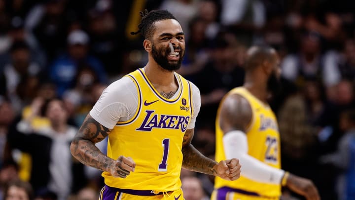 Apr 29, 2024; Denver, Colorado, USA; Los Angeles Lakers guard D'Angelo Russell (1) reacts after a play in the third quarter against the Denver Nuggets during game five of the first round for the 2024 NBA playoffs at Ball Arena. Mandatory Credit: Isaiah J. Downing-USA TODAY Sports