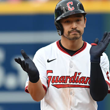 Jun 7, 2025; Cleveland, Ohio, USA; Cleveland Guardians left fielder Steven Kwan (38) celebrates after hitting a double during the ninth inning against the Houston Astros at Progressive Field. Mandatory Credit: Ken Blaze-Imagn Images