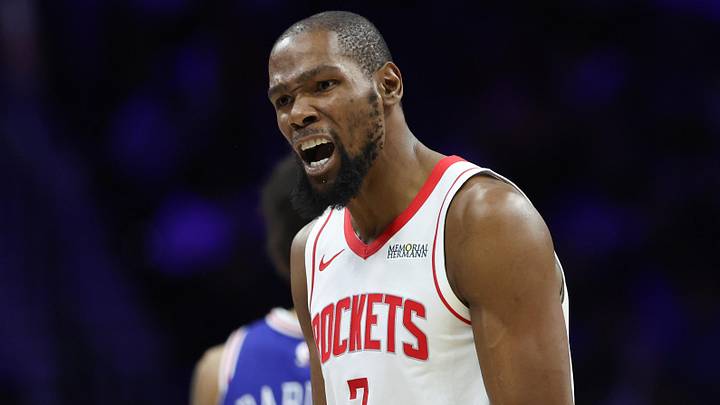 Jan 22, 2026; Philadelphia, Pennsylvania, USA; Houston Rockets forward Kevin Durant (7) reacts to a play against the Philadelphia 76ers during the third quarter at Xfinity Mobile Arena. Mandatory Credit: Bill Streicher-Imagn Images