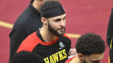 Nov 27, 2024; Cleveland, Ohio, USA; Atlanta Hawks forward Larry Nance Jr. (22) stands on the court during a timeout in the fourth quarter against the Cleveland Cavaliers at Rocket Mortgage FieldHouse. Mandatory Credit: David Richard-Imagn Images