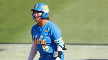 UCLA Bruins infielder Jordan Woolery (15) celebrates after getting on base Friday, May 9, 2025, during the Big Ten softball tournament game against the Nebraska Cornhuskers at Purdue University’s Bittinger Stadium in West Lafayette, Indiana.