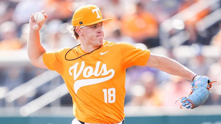 Tennessee's Landon Mack (18) pitches the ball during a college baseball game between Tennessee and LSU at Lindsey Nelson Stadium in Knoxville, Tennessee., on April 3, 2026.