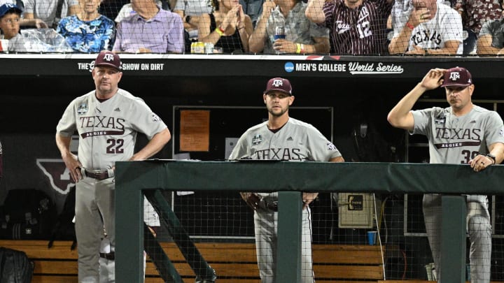 Jun 22, 2024; Omaha, NE, USA;  Texas A&M Aggies head coach Jim Schlossnagle looks on during the eighth inning against the Tennessee Volunteers at Charles Schwab Field Omaha. Mandatory Credit: Steven Branscombe-USA TODAY Sports