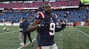 Oct 26, 2025; Foxborough, Massachusetts, USA;  New England Patriots wide receiver Kayshon Boutte (9) reacts to the win against the Cleveland Browns at Gillette Stadium. Mandatory Credit: Bob DeChiara-Imagn Images