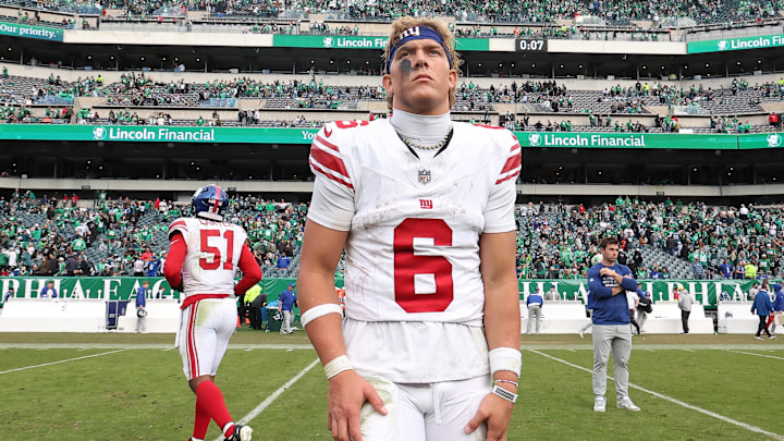 New York Giants quarterback Jaxson Dart looks on after a loss to the Philadelphia Eagles. New York Giants quarterback Jaxson Dart looks on after a loss to the Philadelphia Eagles.