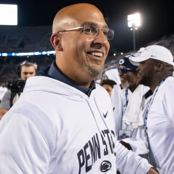 Penn State coach James Franklin smiles as he greets supporters following a Nittany Lions win over Minnesota at Beaver Stadium. 