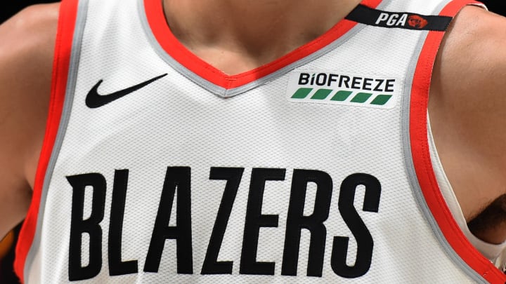 Oct 20, 2018; Portland, OR, USA; A detail view of a Portland Trail Blazers jersey with a PGA patch honoring the late Paul Allen during the first quarter of the game against the San Antonio Spursat the Moda Center. Allen passed away last week. Mandatory Credit: Steve Dykes-USA TODAY Sports