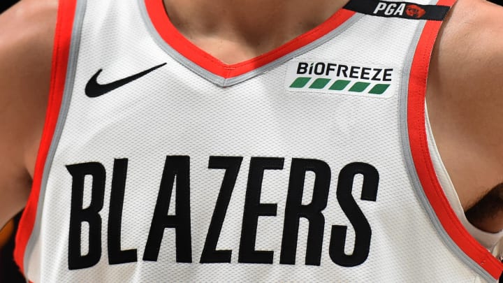 Oct 20, 2018; Portland, OR, USA; A detailed view of a Portland Trail Blazers jersey with a PGA patch honoring the late Paul Allen during the first quarter of the game against the San Antonio Spursat the Moda Center. Allen passed away last week. Mandatory Credit: Steve Dykes-USA TODAY Sports