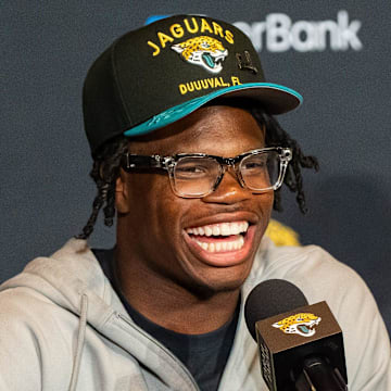 The Jacksonville Jaguars first-round pick, Colorado Buffaloes wide receiver and defensive back Travis Hunter answers questions during a press conference.