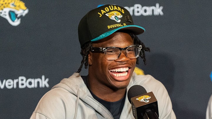 The Jacksonville Jaguars first-round pick, Colorado Buffaloes wide receiver and defensive back Travis Hunter answers questions during a press conference.
