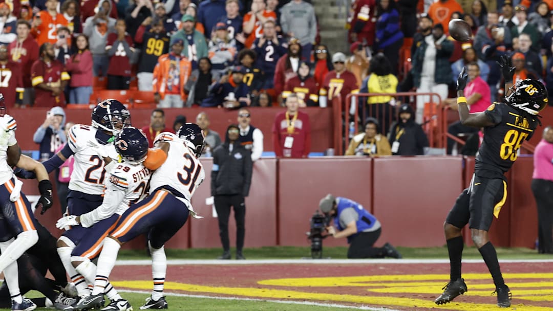 Oct 27, 2024; Landover, Maryland, USA; Washington Commanders wide receiver Noah Brown (85) prepares to catch a game-winnning Hail Mary pass on the final play of the game against the Chicago Bears at Northwest Stadium. Mandatory Credit: Geoff Burke-Imagn Images