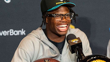 The Jacksonville Jaguars first-round pick, Colorado Buffaloes wide receiver and defensive back Travis Hunter answers questions during a press conference Friday, March 25, 2025 at Miller Electric Center in Jacksonville, Fla. [Doug Engle/Florida Times-Union]