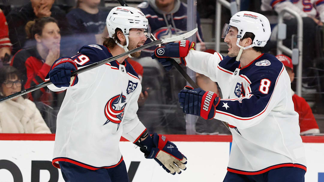 Apr 7, 2026; Detroit, Michigan, USA; Columbus Blue Jackets center Adam Fantilli (19) right defenseman Zach Werenski (8) after scoring in the third period against the Detroit Red Wingsat Little Caesars Arena. Mandatory Credit: Rick Osentoski-Imagn Images Apr 7, 2026; Detroit, Michigan, USA; Columbus Blue Jackets center Adam Fantilli (19) right defenseman Zach Werenski (8) after scoring in the third period against the Detroit Red Wingsat Little Caesars Arena. Mandatory Credit: Rick Osentoski-Imagn Images