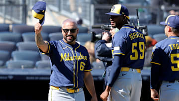 Mar 27, 2025; Bronx, New York, USA; Milwaukee Brewers pitcher Nestor Cortes (65) tips his cap towards the Yankees dugout during introductions before an opening day game against the New York Yankees at Yankee Stadium. Mandatory Credit: Brad Penner-Imagn Images