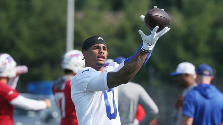 Bills rookie wide receiver Keon Coleman pulls in a pass during the opening day of Buffalo Bills training camp.