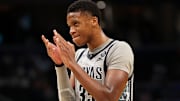 Jan 31, 2025; Washington, District of Columbia, USA; Georgetown Hoyas forward Thomas Sorber (35) celebrates during the second half against the Butler Bulldogs at Capital One Arena. Mandatory Credit: Daniel Kucin Jr.-Imagn Images