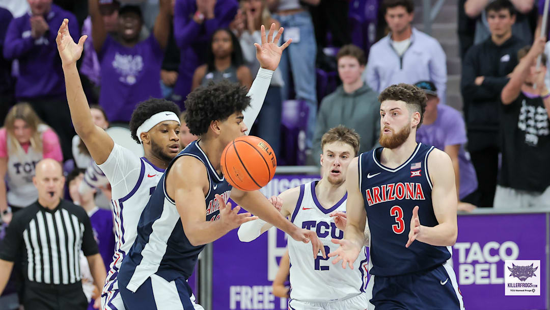 TCU's Micah Robinson and Brock Harding battle on defense against Arizona's Koa Peat and Anthony Dell'Orso in a 86-73 Wildcat win over the Frogs on Saturday, January 10, 2026. TCU's Micah Robinson and Brock Harding battle on defense against Arizona's Koa Peat and Anthony Dell'Orso in a 86-73 Wildcat win over the Frogs on Saturday, January 10, 2026.