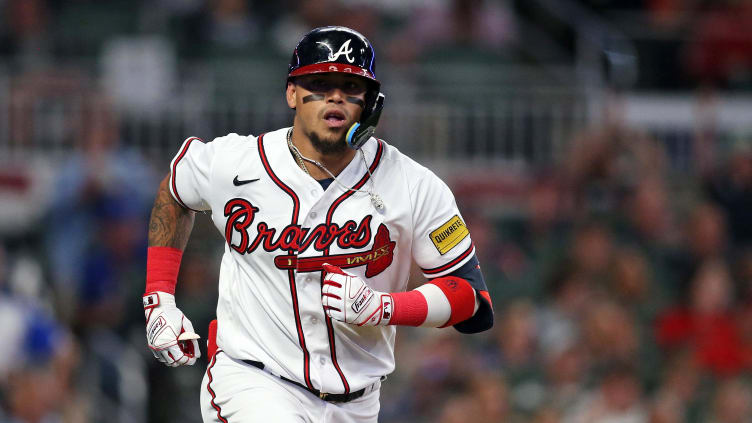 Oct 7, 2023; Cumberland, Georgia, USA; Atlanta Braves shortstop Orlando Arcia (11) hits a single