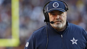 Dallas Cowboys head coach Mike McCarthy stands on the sidelines against the Washington Commanders during the third quarter at Northwest Stadium.