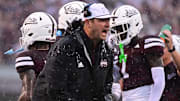 Mississippi State Bulldogs head coach Jeff Lebby reacts during the first quarter of the game against the Eastern Kentucky Colonels at Davis Wade Stadium at Scott Field. 