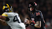 Sep 19, 2025; Piscataway, New Jersey, USA; Rutgers Scarlet Knights quarterback Athan Kaliakmanis (16) looks to pass during the first half against the Iowa Hawkeyes at SHI Stadium. Mandatory Credit: Vincent Carchietta-Imagn Images