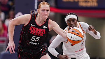 Indiana Fever forward Chloe Bibby (55) rushes up the court Wednesday, July 30, 2025, during the game at Gainbridge Fieldhouse in Indianapolis. The Indiana Fever defeated the Phoenix Mercury, 107-101.