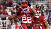 Arkansas Razorbacks running back Ja’Quinden Jackson (22) celebrates with quarterback Taylen Green (10) after scoring a touchdown in the fourth quarter against the Louisiana Tech Bulldogs at Razorback Stadium. 