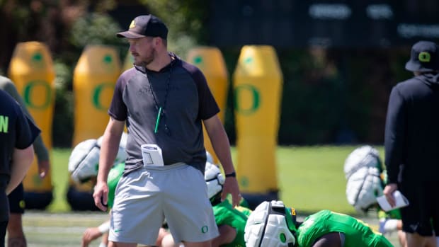 Oregon head coach Dan Lanning leads practice with the Ducks Tuesday,