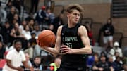 Jan 3, 2025; Gilbert, AZ, USA; Arizona Compass Prep guard Davis Fogle (11) against CIA Bella Vista (AZ) during the Hoophall West High School Invitational at Highland High School. Mandatory Credit: Mark J. Rebilas-Imagn Images