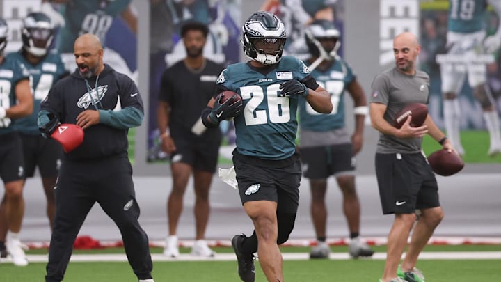 Philadelphia Eagles running back Saquon Barkley during OTAs at NovaCare Complex after being revealed on Madden 26 cover